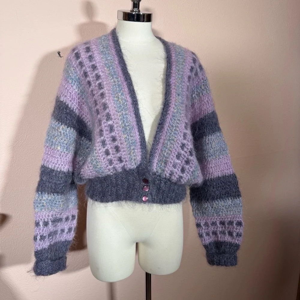 Mohair wool grandmacore Lavender Grey Crochet Ireland Cardigan Sweater - Picture 3 of 16